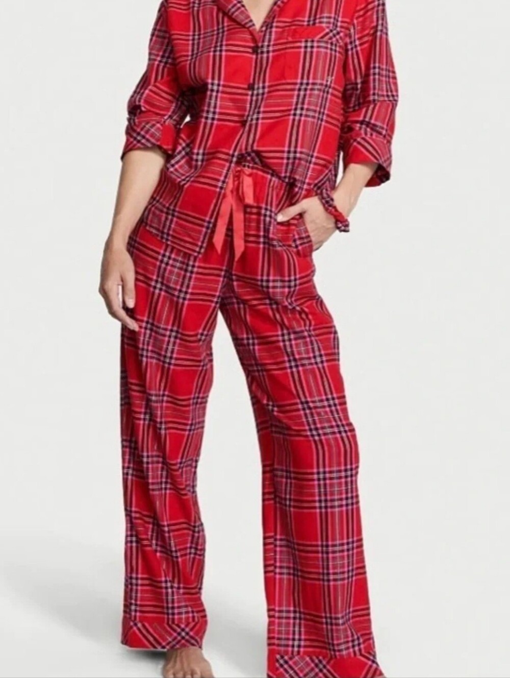 Victoria's Secret Red Plaid Flannel Pajama Set Size XL Long Cozy Christmas